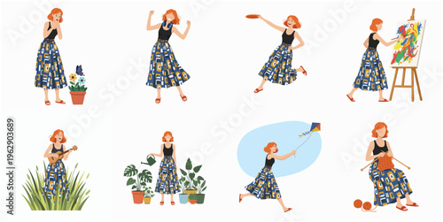 Flat Style Isolated Woman Character Set Diverse Activity Lifestyle Illustration