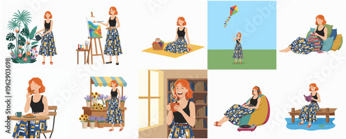 Flat Illustration Woman Enjoying Different Leisure Activities Set Lifestyle Concept