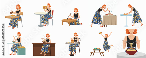 Flat Illustration Various Poses of Woman Enjoying Meal and Culinary Experience