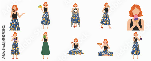 Stylized Flat Illustration Set of Woman Eating Various Types of Food