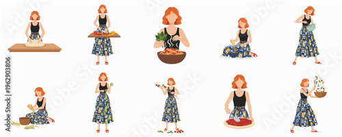 Flat Style Illustration Set of Woman Cooking and Preparing Food Activity