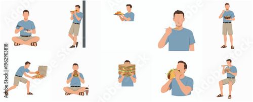 Flat Design Man Eating Various Food Poses Illustration Icon Set