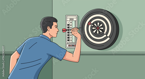 A man in a blue shirt prepares to throw a dart at a dartboard