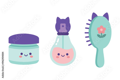 Cute self care and beauty set, face cream, perfume bottle, and hair brush icons, flat vector illustration isolated on white