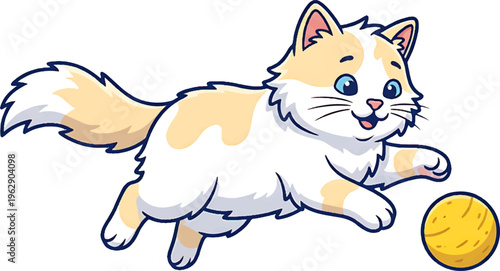 Playful ginger and white kitten vector illustration, cute fluffy cat jumping to catch a yellow ball, cheerful domestic pet character for children isolated on Transparent Background