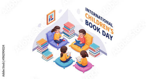 Illustration of children reading books and celebrating International Children's Book Day with colorful design elements.