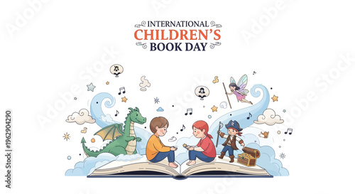 Illustration of children reading a book with a dragon and music notes on International Children's Book Day, conveying a joyful and educational mood.