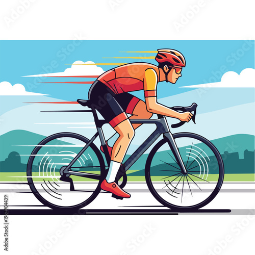 A cyclist in red and yellow gear races on a road bike with speed lines