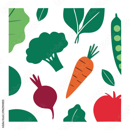 Healthy Food Pattern Vector with Vegetables Salad and Fruits, Fresh Green Background