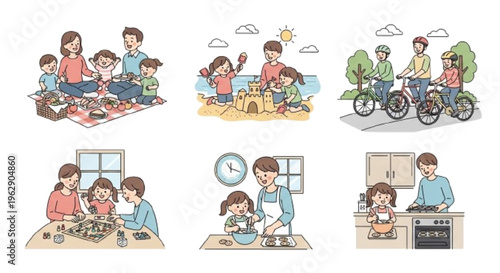 Family activities illustration set, parents and kids, happy moments, clean vector, white background