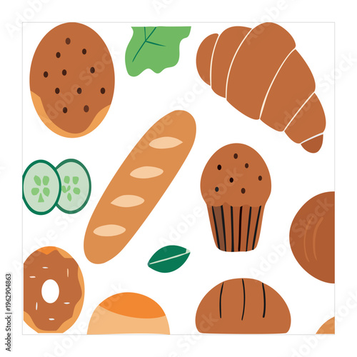 Seamless Bakery Pattern Vector with Bread Croissant and Pastry, Warm Color Background