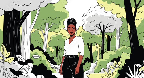 Young black woman standing in a stylized green forest landscape