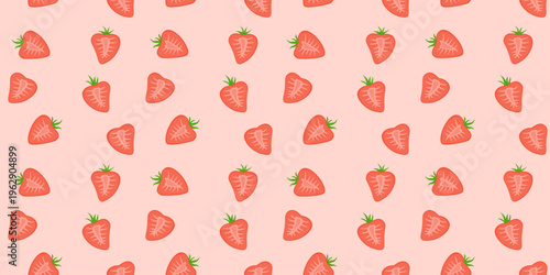 Seamless pattern featuring small red strawberries scattered on a soft pink background in a simple cute style.