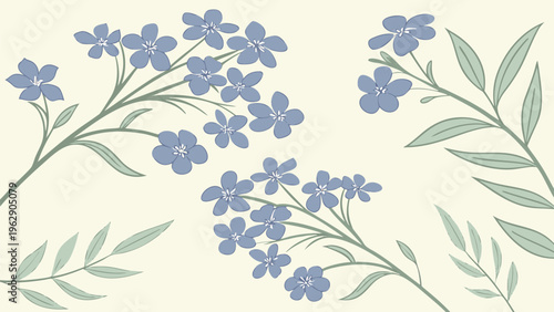 Delicate blue forget-me-not flowers with green stems and leaves arranged in a natural and graceful manner
