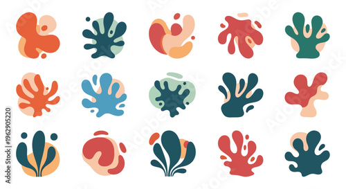 Colorful abstract shapes in various organic forms and hues