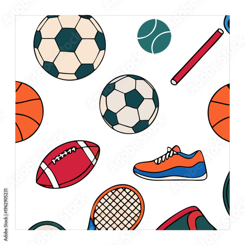 Seamless Sports Pattern Vector with Football Basketball Elements, Dynamic Background