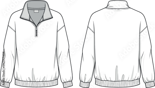 Quarter Zip Pullover Sweatshirt Technical Flat Fashion Vector Illustration Mockup Template with Drop Shoulder Long Sleeves Ribbed Hem and Cuffs