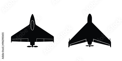 Set of military UAV drone silhouettes in top view. Unmanned aerial vehicle icons isolated on transparent background.
