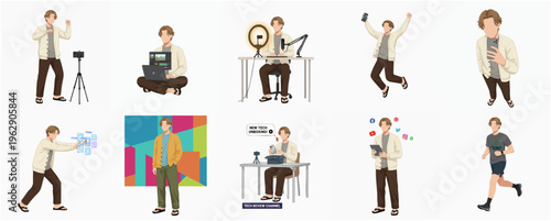 Flat Style Various Young Man Activities and Professions Illustration Set