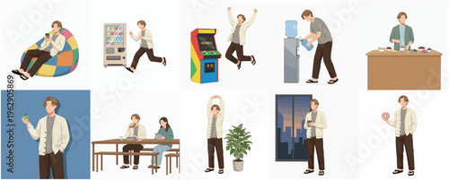 Flat Illustration Set Depicting Various Activities of Daily Life for a Young Man