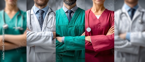Confident and dedicated healthcare professionals doctors and nurses stand with arms crossed wearing various colorful medical uniforms in a well lit st