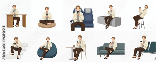 Simple Illustration Set of Man Using Smartphone in Different Sitting Poses