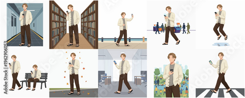 Stylish Digital Illustration of Man Using Phone in Various Urban Scenes