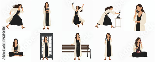 Minimalist Faceless Woman Using Mobile Phone Different Pose Lifestyle Illustration