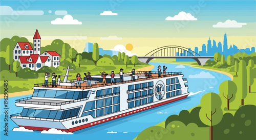 A colorful illustration of a boat on a river, with people on top