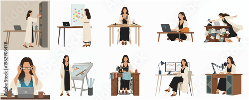 Flat Design Businesswoman Working in Different Scenarios Illustration Set