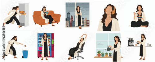Minimalist Flat Illustration of Woman in Various Daily Life Activities