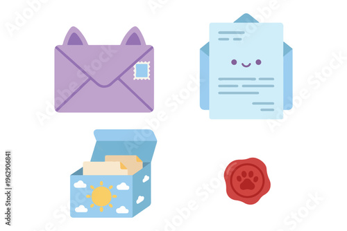 Cute cat themed stationery set, purple envelope with cat ears, letters, and wax seal, flat vector illustration for mailing