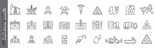 Oil mines, oil extraction and petroleum industry icon set – editable outline symbols of drilling, gas, pipeline, refinery, oil barrel, tanker and exploration