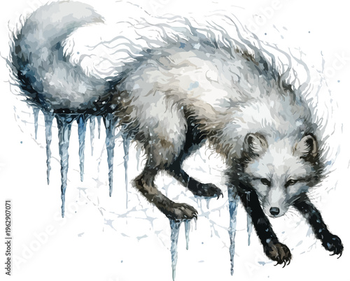 Watercolor Arctic Fox Illustration, Night Forest Animal, vector isolated on white background