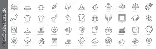 Fabric, textile and clothing properties icon set – editable outline symbols of waterproof, breathable, UV protection, wrinkle resistant, features, breathable, durable, care and sustainable materials