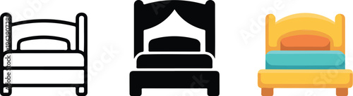 Bed furniture vector icon set with outline silhouette and colorful flat versions isolated on white for bedroom interior design