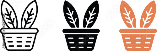 Potted plant seedling vector icon set with outline silhouette and orange color versions isolated on white for gardening design