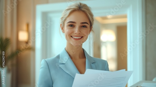 Professional businesswoman in light blue suit holding important documents smiles brightly during a productive workday in a bright modern office interior setting Free Download Professional businesswoman in light blue suit holding important documents smiles brightly during a productive workday in a bright modern office interior setting - GFXLoad