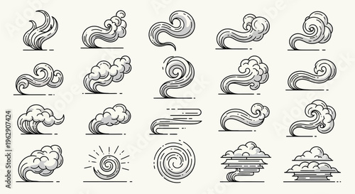 Set of stylized wind icons and swirl cloud line art illustrations
