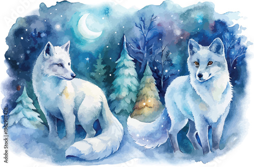 Watercolor Arctic Fox Illustration, Night Forest Animal, isolated on white background