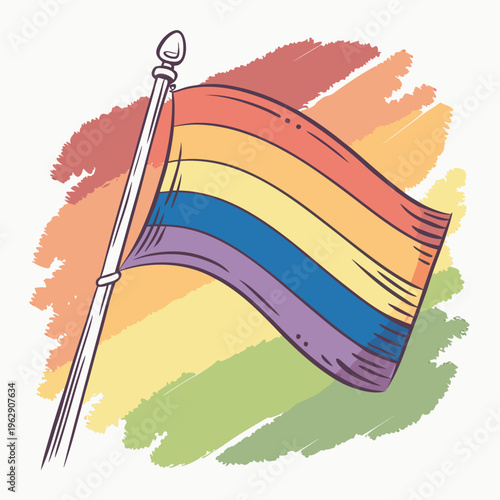 Colorful pride flag waving cheerfully against a bright sky with a pin holding it up