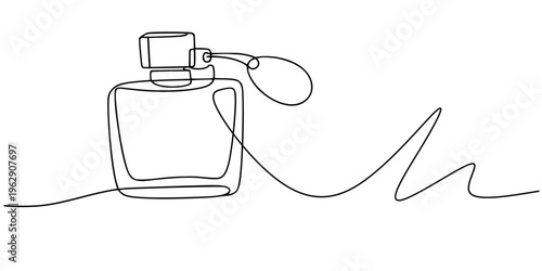 Perfume Bottle Line Art, Minimalist continuous-line drawing of a perfume bottle with atomizer bulb attached by a tube
