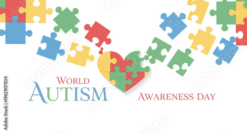 Colorful puzzle pieces form a heart shape with World Autism Awareness Day text on a plain background, conveying a supportive and inclusive concept.