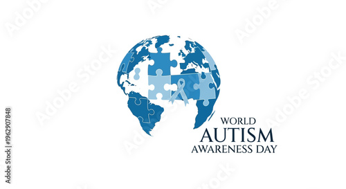 World Autism Awareness Day illustration with a blue puzzle piece globe design on a white background, promoting autism acceptance and neurodiversity awareness with a supportive community
