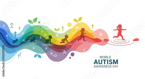 Vector illustration of a colorful autism awareness design with silhouettes and symbols on World Autism Awareness Day, promoting neurodiversity and support.