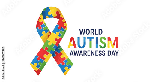 Colorful puzzle piece ribbon with 'World Autism Awareness Day' text in a supportive design for autism acceptance and neurodiversity awareness.