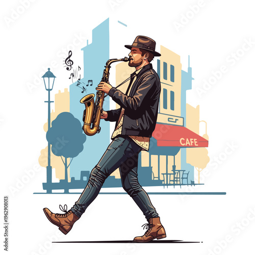 A man playing a saxophone as he walks along a city street