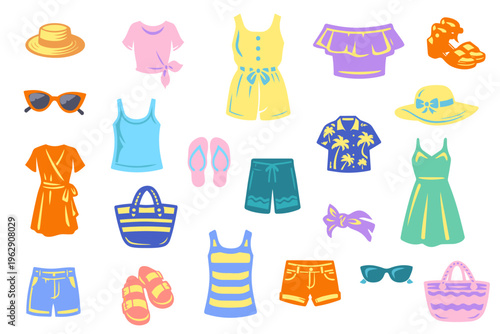 Summer clothing cute stickers isolated set. Collection of skirt, shirt, short, swimsuit, towel, slippers, sunglasses, accessory. Sea resort vacation clothes. Vector illustration in flat cartoon design