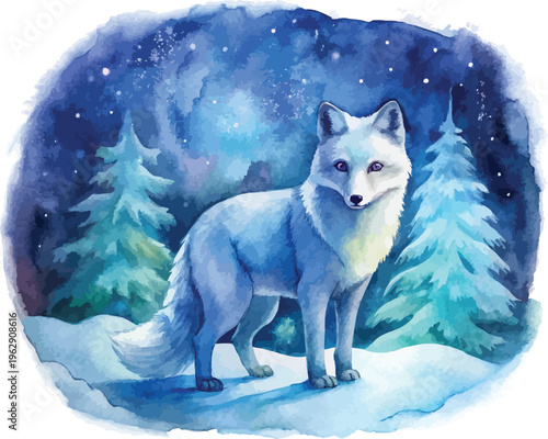 Watercolor Arctic Fox Illustration, Night Forest Animal, vector isolated on white background