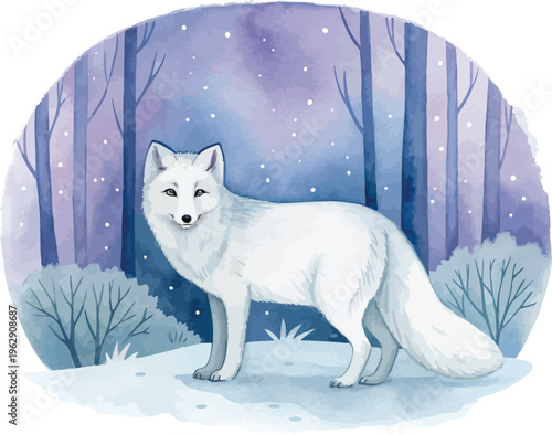 Watercolor Arctic Fox Illustration, Night Forest Animal, isolated on white background